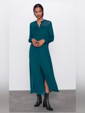 Zara Long Sleeve Button Front Pleated Shirt Midi Dress
